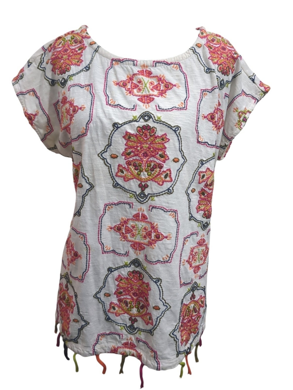 Soft Surroundings Embroidered Cotton Boho Top Med White Tassel Hem Festival Chic